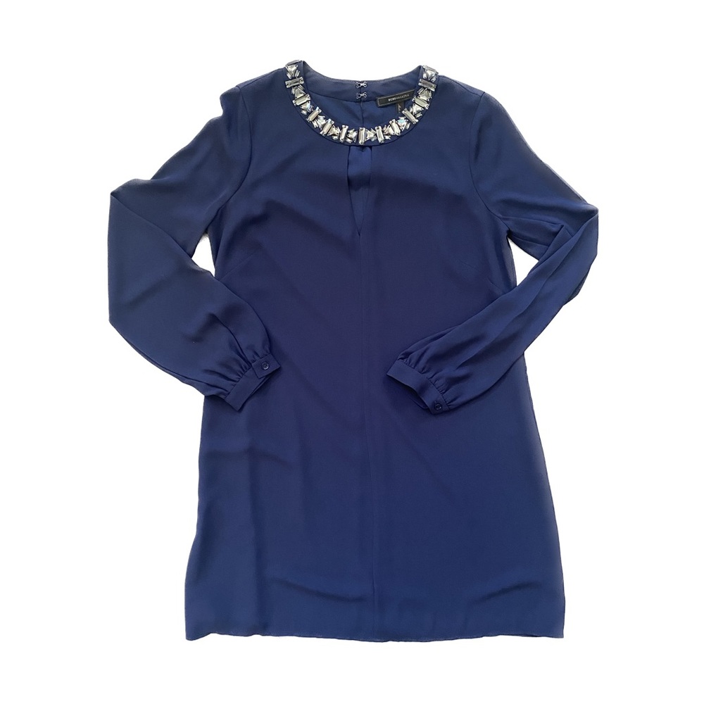 BCBG Maxazria Long Sleeve Navy Chiffon Cocktail Dress with Gemstone Neckline